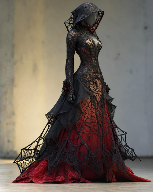 Halloween Themed  Contrasting Lace Spiderweb Embroidered Dress 4252