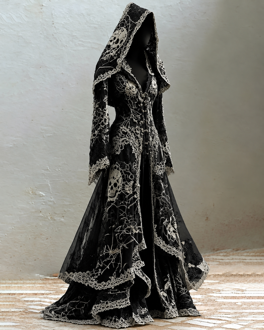 Halloween-Themed Skull Embroidery Irregular Lace Patchwork Dress  8720