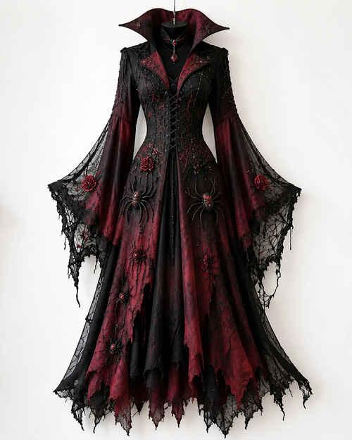 Halloween-Themed Embroidery Irregular Lace Patchwork Dress 7194