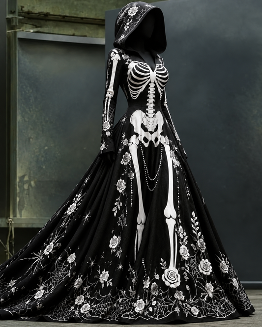 Women's Halloween-Themed Skull and Floral Print Hooded Dress4418