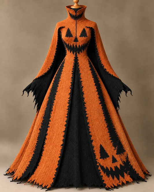 Women's Halloween-Themed Embroidered High-Neck Cape Dress (with Masks)5194