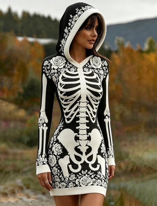 Women's Vintage Halloween Skeleton Bones With Rose Art Cozy Knit Hooded Sweater Dress