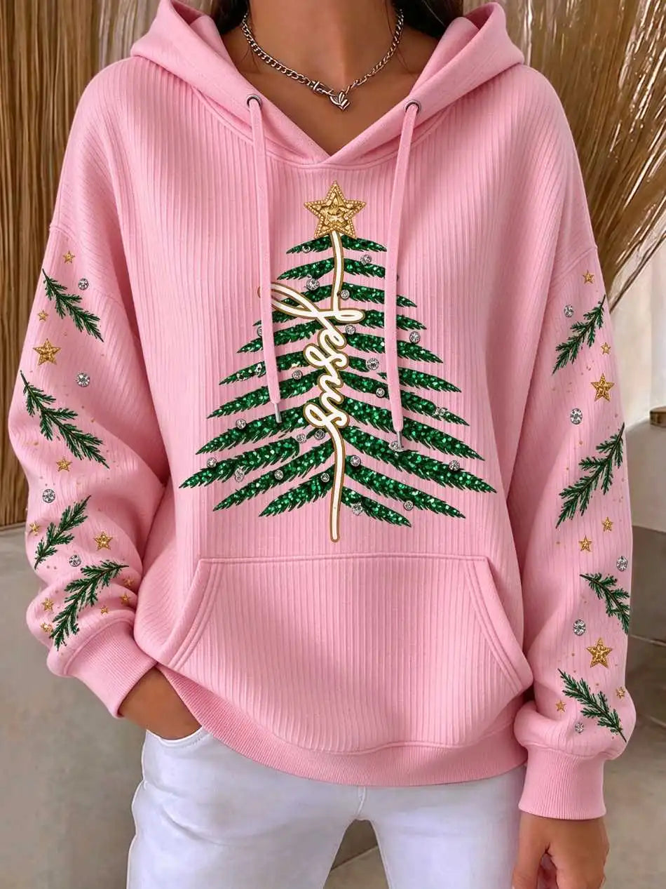 Women Jesus Christmas Tree Glitter Print White Hoodie