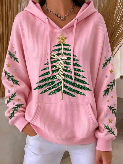 Women Jesus Christmas Tree Glitter Print White Hoodie