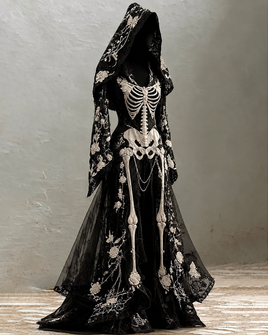 Halloween-Themed Rose Skeleton Embroidery Irregular Lace Dress  3864
