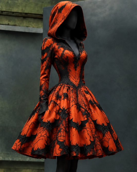 Women's Halloween-Themed Bat and Spider Web Print Cropped Hooded Dress6158