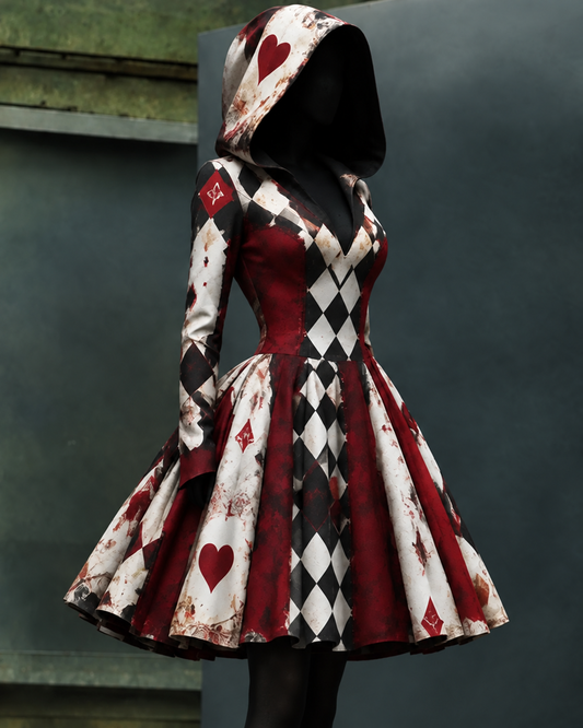 Women's Halloween-Themed Playing Card Print Cropped Hooded Dress8756