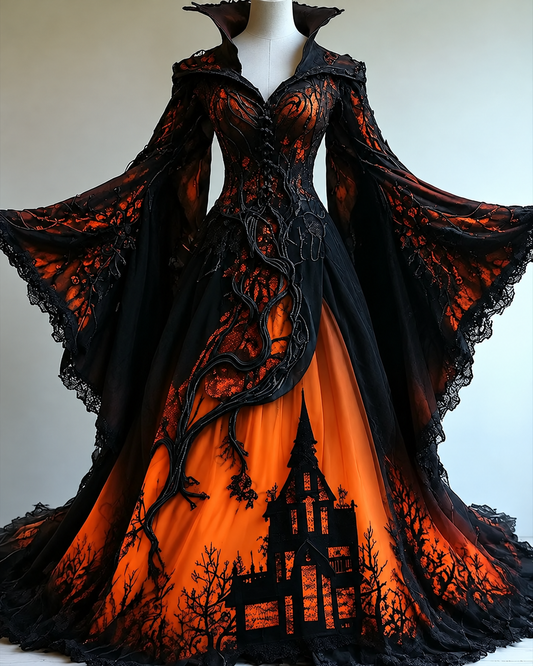Women's Halloween-themed Gothic gradient irregular cape-style batwing sleeve stand collar dress3199