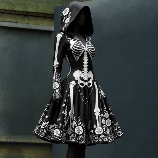Women's Halloween-Themed Skull and Floral Print Cropped Hooded Dress3989