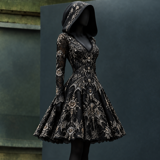 Women's Halloween-Themed Bat-Printed Cropped Hooded Dress7591