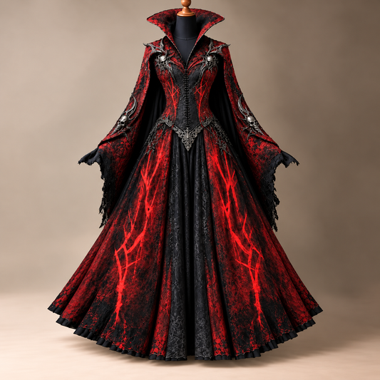 Women's Halloween-themed Flame Print Elegant Color-Blocked Slim-Fit Wide-Sleeve Witch Stand Collar Dress8194
