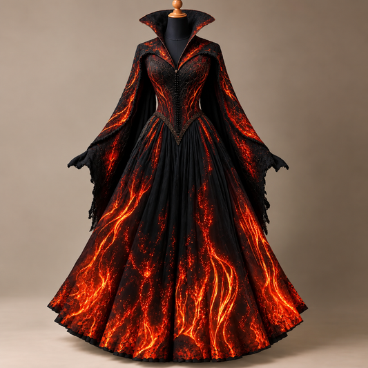 Women's Halloween-themed Flame Print Elegant Color-Blocked Slim-Fit Wide-Sleeve Witch Stand Collar Dress2882