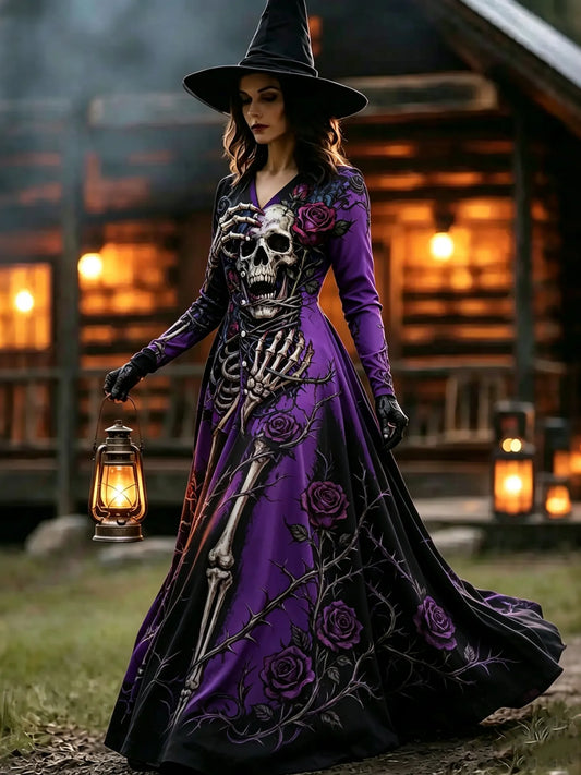 Women's Dark Halloween Skull Rose Print V-neck Long Sleeve Dress