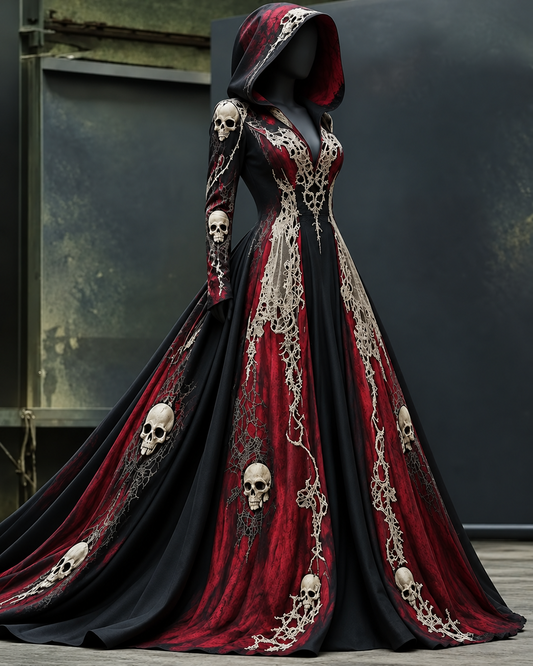 Women's Halloween-Themed Skull and Lace-Print Hooded Dress4929