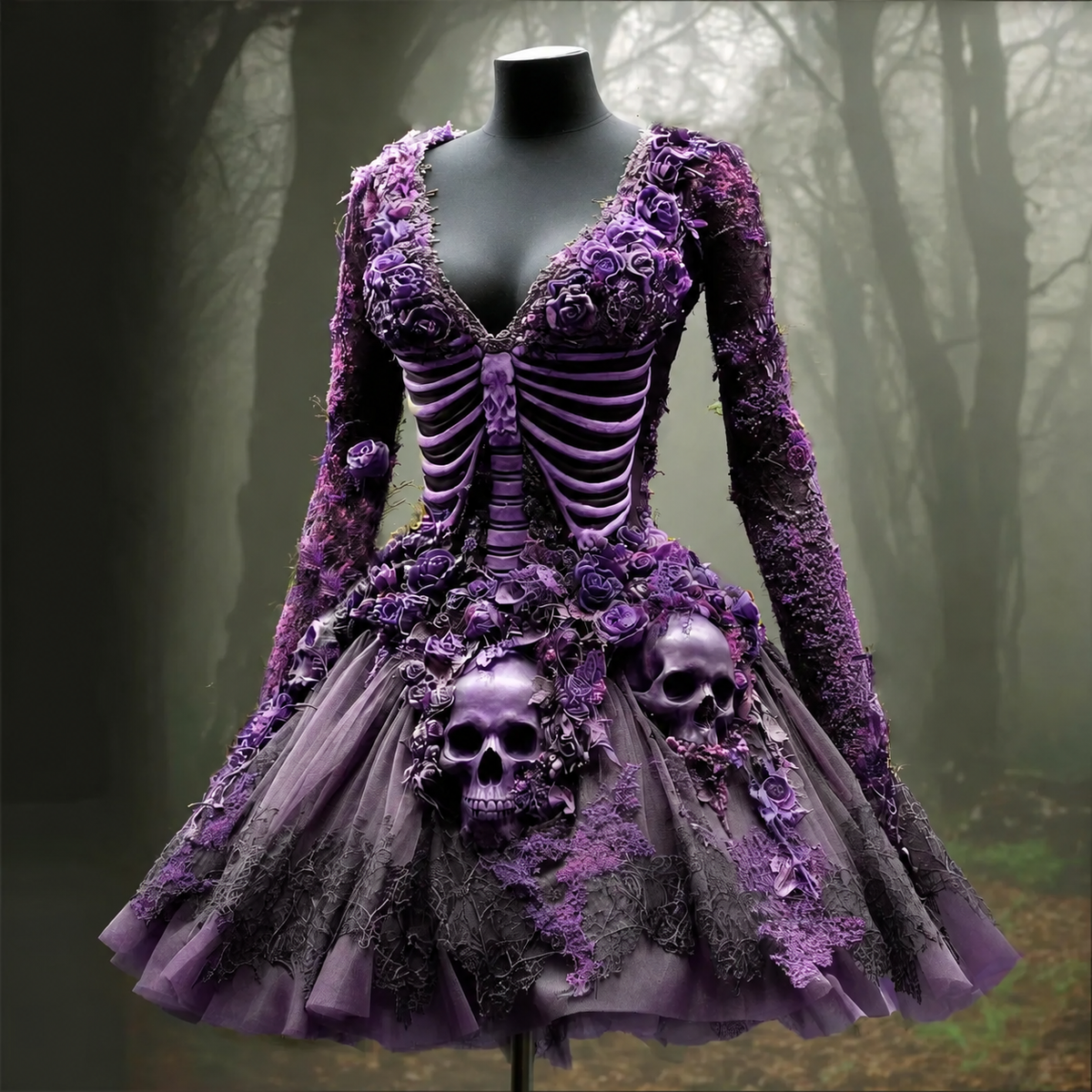 Women's Halloween Skull Flowers Moss Witch Midi Dress 95e9