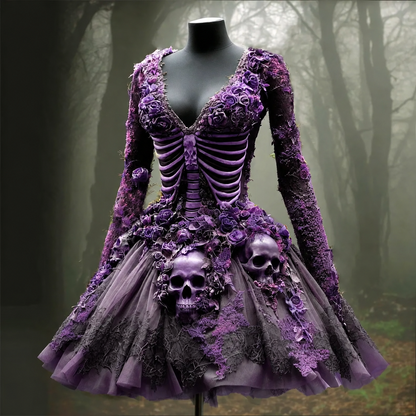 Women's Halloween Skull Flowers Moss Witch Midi Dress 95e9