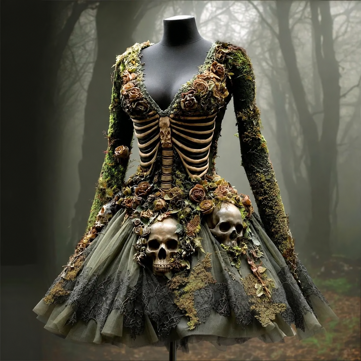 Women's Halloween Skull Flowers Moss Witch Midi Dress 95e9