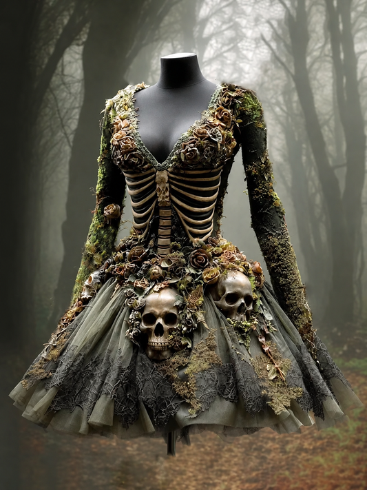 Women's Halloween Skull Flowers Moss Witch Midi Dress 95e9