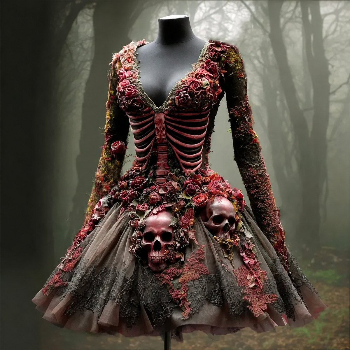 Women's Halloween Skull Flowers Moss Witch Midi Dress 95e9