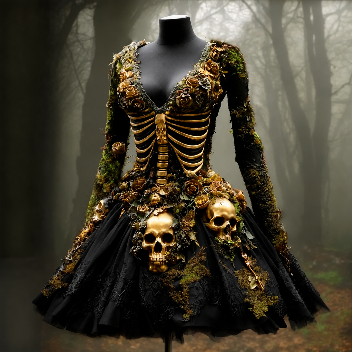 Women's Halloween Skull Flowers Moss Witch Midi Dress 95e9