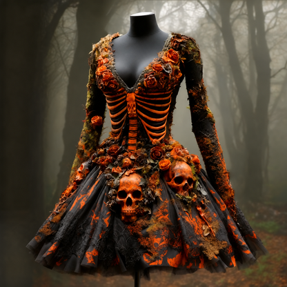 Women's Halloween Skull Flowers Moss Witch Midi Dress 95e9