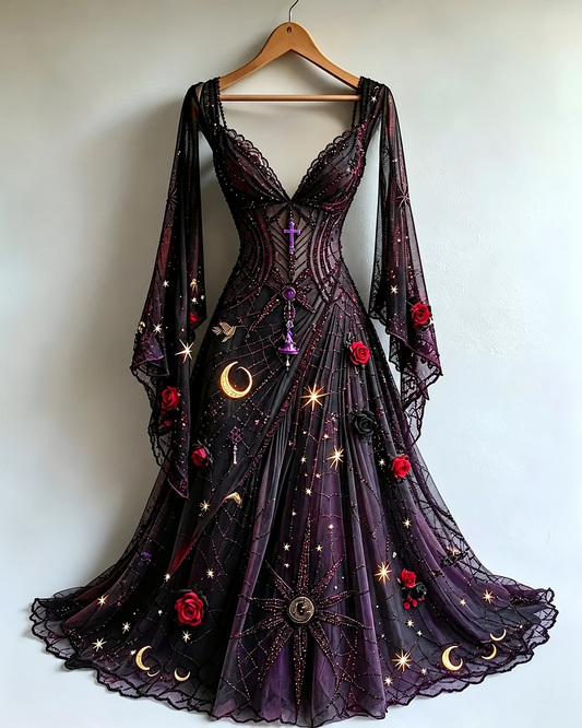 Women's Gothic Star and Moon Art Embroidered Ribbon Dress 1423