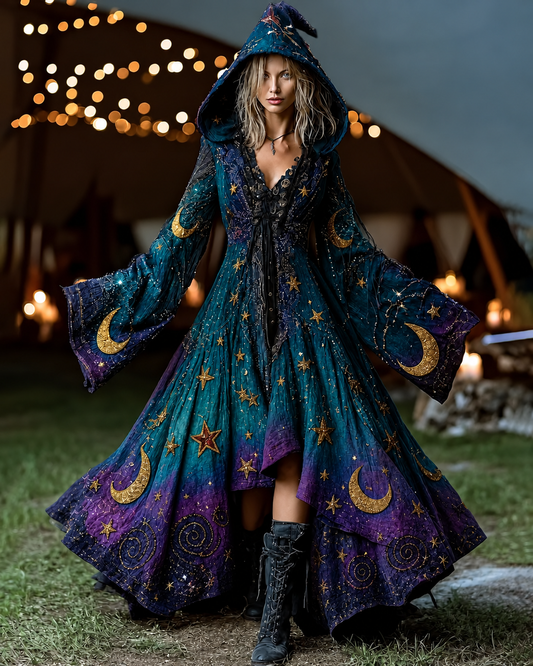 Women's Gradient Star and Moon Embroidered Long-Sleeve Hooded Dress 9732