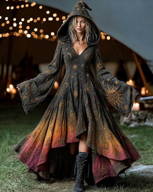Women's Gradient Star and Moon Embroidered Long-Sleeve Hooded Dress 1175