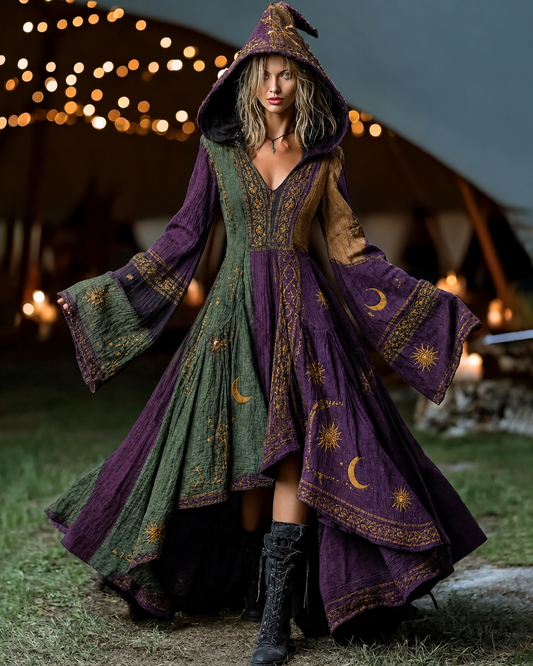 Women's Color-Blocked Star and Moon Embroidered Long-Sleeve Hooded Dress 6451