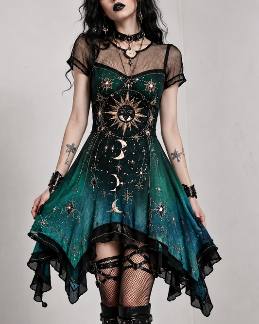 Women's Gothic Star and Moon Embroidered Irregular Ruffle Dress  8617