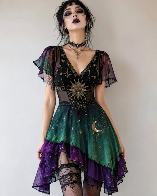 Women's Gothic Star and Moon Embroidered Irregular Ruffle Patchwork Dress  6174