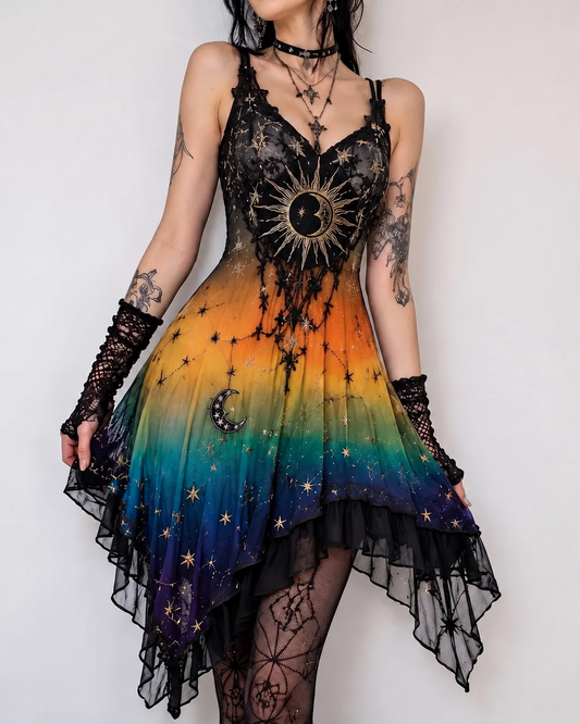 Women's Gothic Star and Moon Embroidered Irregular Ruffle Dress  6038