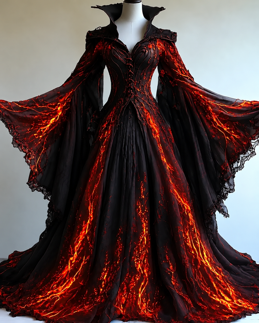 Women's Halloween-themed Gothic Flame Embroidery Irregular Cape-Sleeve Stand Collar Dress7536