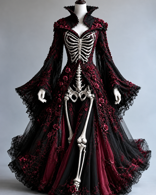 Women's Halloween-themed embroidered human skeleton irregular cape-style batwing sleeve stand collar dress4680