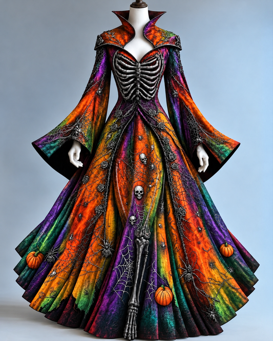 Women's Halloween-themed elegant slim-fit wide-sleeved witch stand-collar dress7327