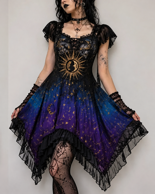 Women's Gothic Star and Moon Embroidered Irregular Ruffle Dress  7477