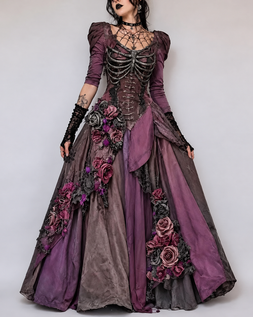 Women's Halloween-Themed Skull Rose Embroidery Irregular Witch Dress  9057