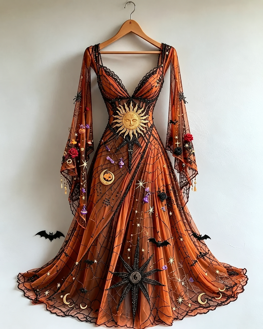 Women's Gothic Star and Moon Art Embroidered Ribbon Dress 5982
