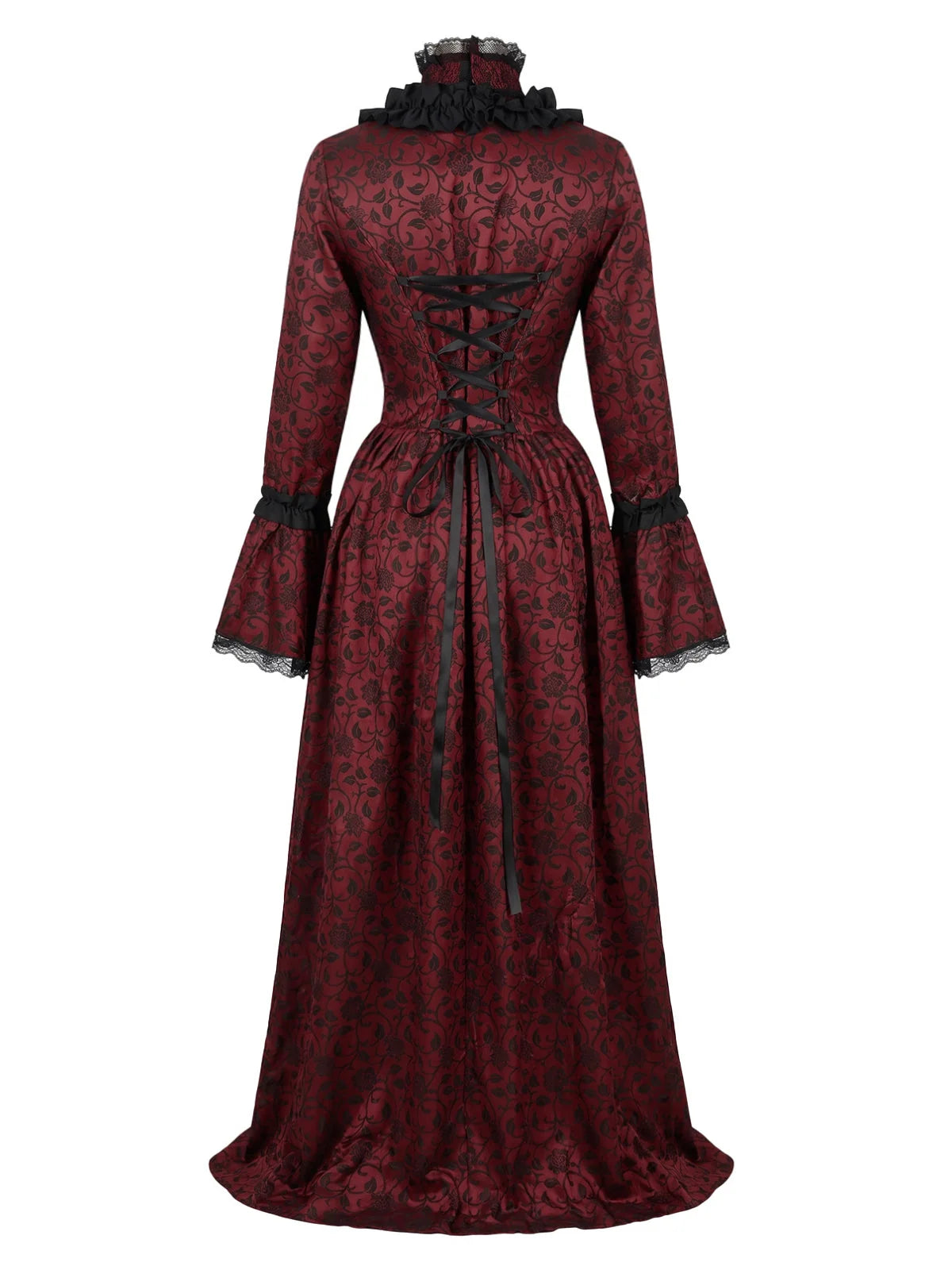 1930s Vintage Victorian Gothic Red Floral Dress with Bell Sleeves