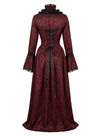 1930s Vintage Victorian Gothic Red Floral Dress with Bell Sleeves