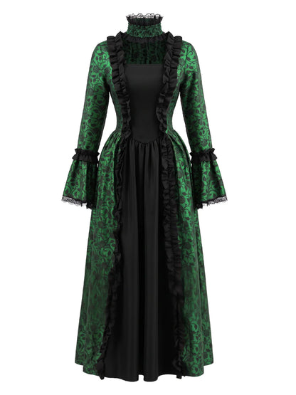 1930s Vintage Victorian Gothic Red Floral Dress with Bell Sleeves
