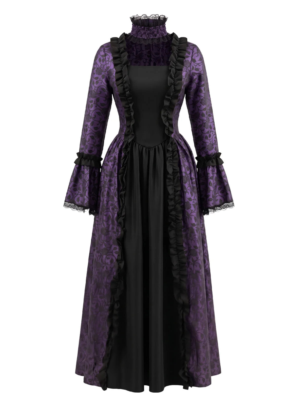 1930s Vintage Victorian Gothic Red Floral Dress with Bell Sleeves