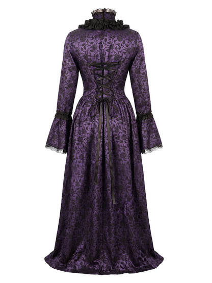 1930s Vintage Victorian Gothic Red Floral Dress with Bell Sleeves
