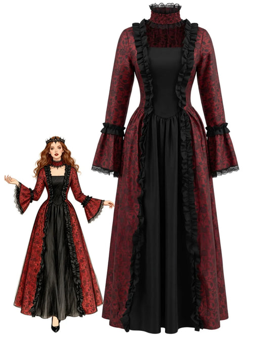 1930s Vintage Victorian Gothic Red Floral Dress with Bell Sleeves