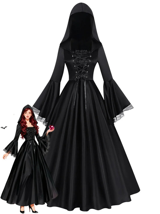 1970s Medieval Witch Cosplay Black Hooded Maxi Dress