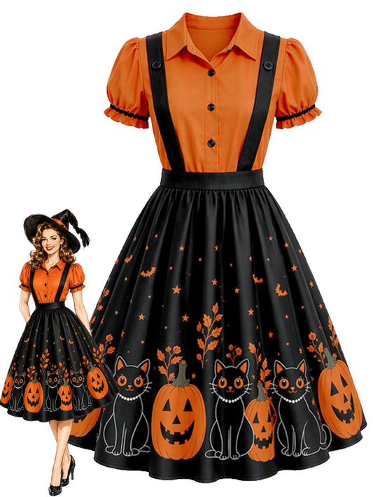 1950s Vintage Halloween Pumpkin Print Dress