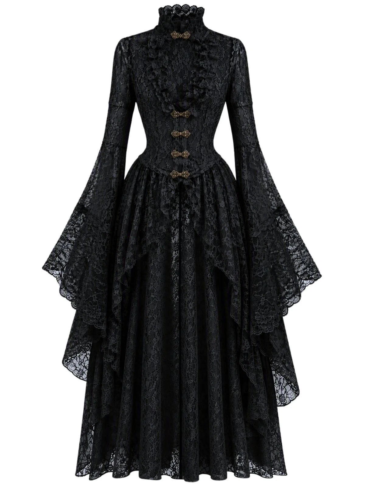 1940s Vintage Medieval High-Neck Lace Dress with Flared Sleeves