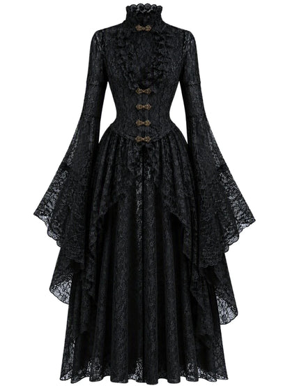 1940s Vintage Medieval High-Neck Lace Dress with Flared Sleeves