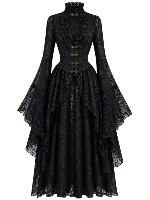 1940s Vintage Medieval High-Neck Lace Dress with Flared Sleeves