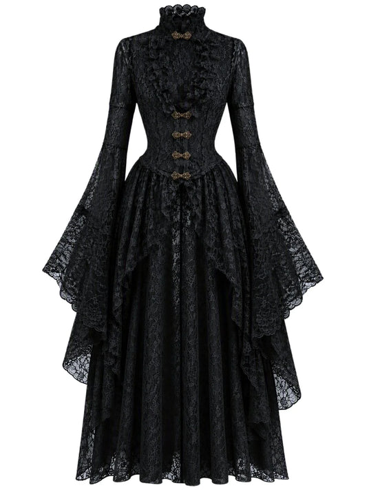 1940s Vintage Medieval High-Neck Lace Dress with Flared Sleeves